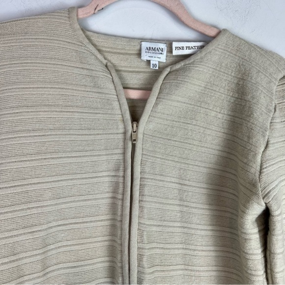 Armani Collezioni Cardigan womens size 10 tan full double zip merino wool flawed - Picture 2 of 10
